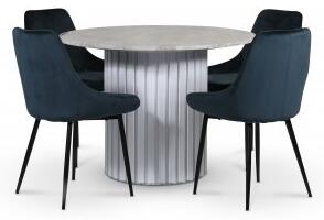 Empire matgrupp Ø105 cm inkl. 4 st Theo blå stolar - Silver Diana marmor / Vit lamell träfot