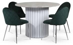 Empire matgrupp Ø105 cm inkl. 4 st Plaza velvet gröna stolar - Silver Diana marmor / Vit lamell träfot - Matgrupper