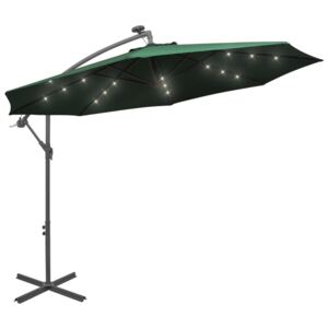 VidaXL Hängande parasoll med LED-belysning 300 cm grön metallstång