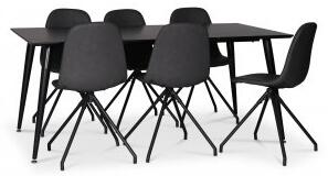 Dipp matgrupp matbord 180x90 cm med 6 st svarta Bridge snurrbara matstolar + 4.00 x Möbeltassar