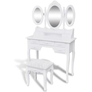 VidaXL Sminkbord med pall och 3 speglar vit