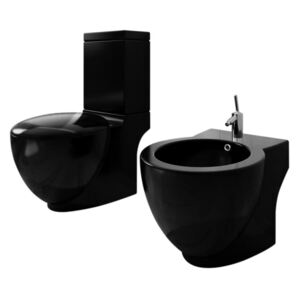 VidaXL Toalettstol och bidé svart keramik inkl. cistern