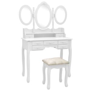 VidaXL Sminkbord med pall och 3 speglar vit