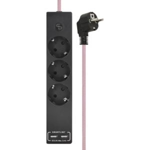 Smartline Grenuttag 3-vägs/USB Svart Tygkabel 1.5 m Rosa