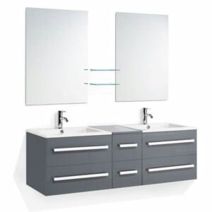 Beliani Badrumsmöbler väggskåp 2 spegel 2 tvättställ och glashylla grå MADRID