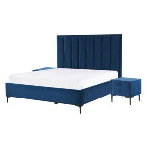 Sovrumsset Marinblå Sammet Stoppad Dubbelsäng med Förvaring 160 x 200 cm 2 Sängbord Beliani