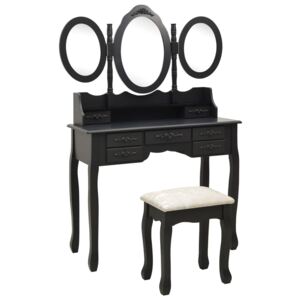 VidaXL Sminkbord med pall och 3 speglar svart