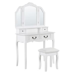 Toalettbord 4 lådor fällbar spegel och pall vit FLEUR Beliani