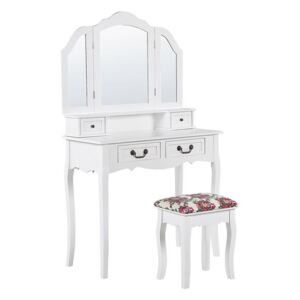 Toalettbord 4 lådor fällbar spegel och pall vit FLEUR Beliani