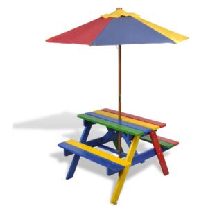 VidaXL Picknickbord med bänkar och parasoll för barn flerfärgad trä