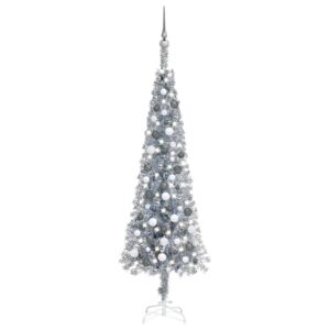 Plastgran smal med LED och julgranskulor silver 180 cm