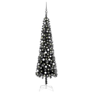 Plastgran smal med LED och julgranskulor svart 210 cm