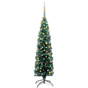 Smal plastgran med LED och julgranskulor grön 150 cm