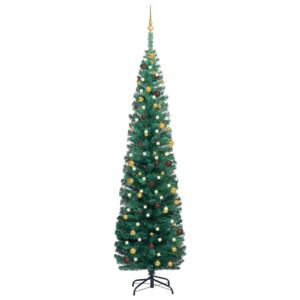 Smal plastgran med LED och julgranskulor grön 240 cm