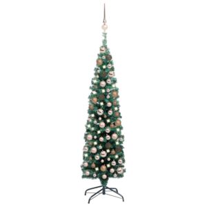 Smal plastgran med LED och julgranskulor grön 120 cm