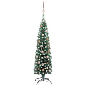 Smal plastgran med LED och julgranskulor grön 150 cm