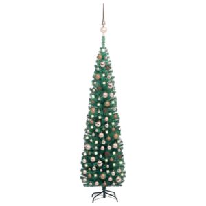 Smal plastgran med LED och julgranskulor grön 240 cm