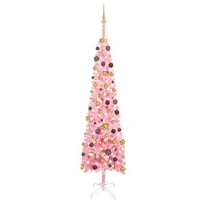 Smal plastgran med LED och julgranskulor rosa 240 cm