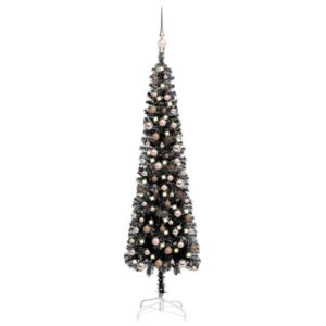 Plastgran smal med LED och julgranskulor svart 180 cm