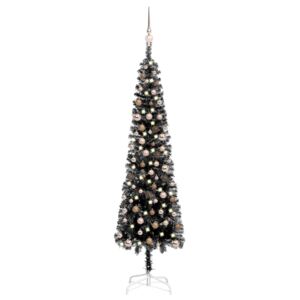 Plastgran smal med LED och julgranskulor svart 210 cm