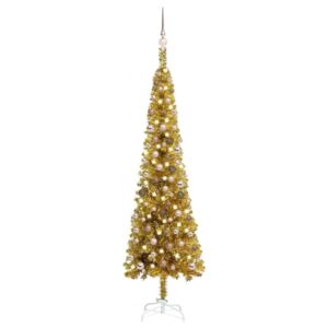 Plastgran smal med LED och julgranskulor guld 210 cm