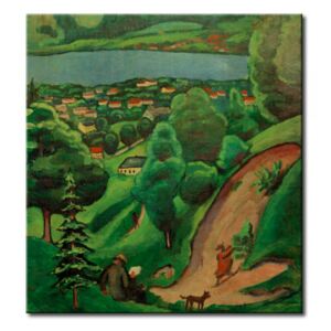Canvastavla Landschaft am Tegernsee mit lesendem Mann und Hund