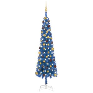 Plastgran smal med LED och julgranskulor blå 210 cm