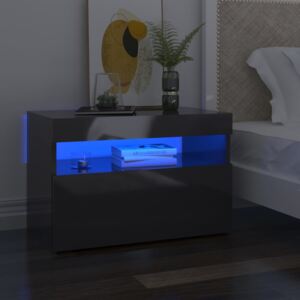 Sängbord med LED-belysning grå högglans 60x35x40 cm